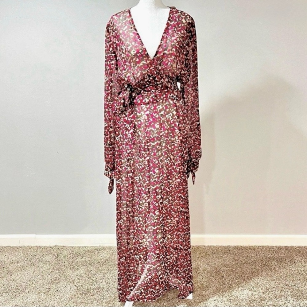 Lux LA Burgundy Floral Long Sheer Dress Flowy Maxi High Slits Sz S NWT